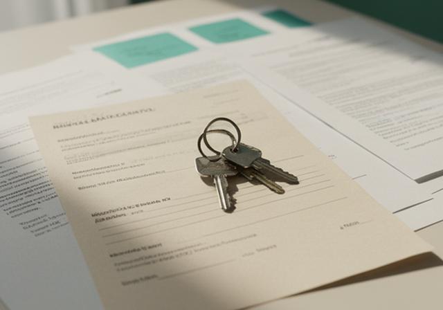 Contrato de alquiler y llaves de una vivienda sobre una mesa con luz natural